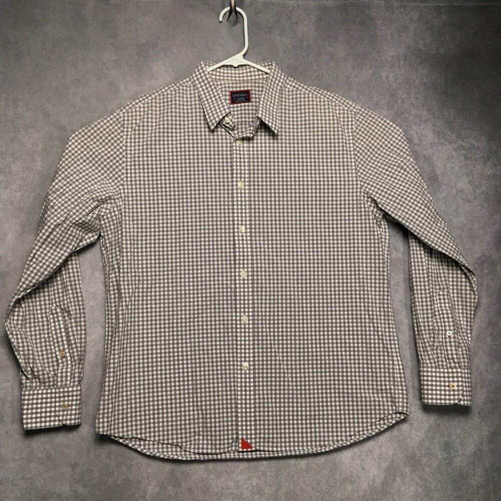 Untuckit Mens Long Sleeve Shirt size XL Button Up Front Check White Warm‎ Gray